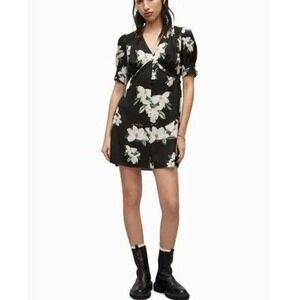 ALLSAINTS Black Floral Button Mini Dress US 10 Coquette Feminine